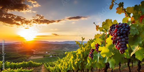 grapes at vineyards plant in sunny day blue merlot grapes in green summer vineyard. AI Generative 