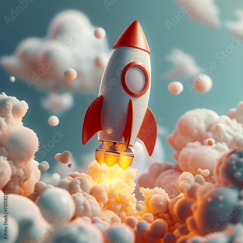 Ilustración 3D de un cohete despegando con fuerza propulsora entre nubes esponjosas en un cielo claro