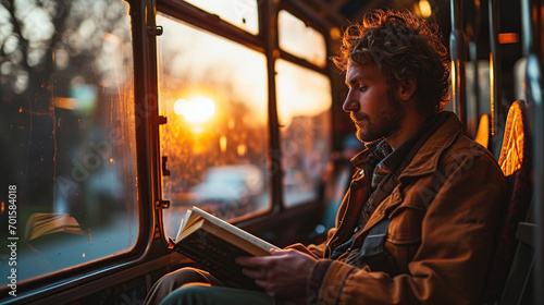 A man sits in a bus and reads a book. Daily life and traveling to work by public transport