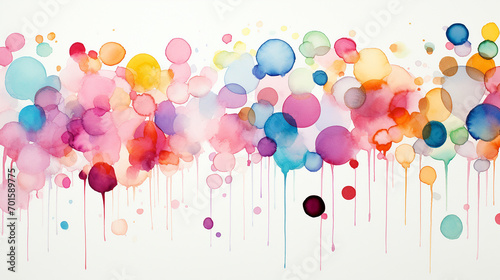 Abstract multicolored polka dots watercolor ink background. Irregular splashes of ink, round paint spots. Generative AI
