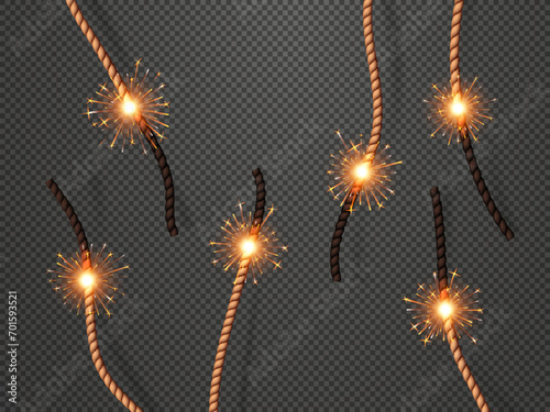 Bomb burning wicks, dynamite fuses. Explosion detonation timer, fireworks and firecracker isolated burning cord, bomb or dynamite 3d realistic vector flaming and sparkling fuses