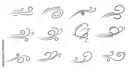 Doodle air wind motions, windy storm blows and hurricane flow waves and curls, vector icons. Wind cartoon effects in doodle line art, autumn wind blowing in speed motion, windy spiral clouds of breeze