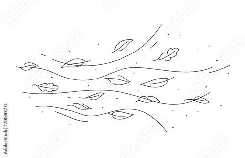 Wind air and doodle leaves motion. Leaves falling season hand drawn print, wind blowing line background or autumn windy weather linear vector backdrop. Air flow wave doodle monochrome outline pattern