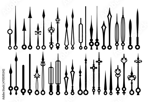 Vintage clock hands, old watch arrows or time pointers. Vintage clockwork minute hand or arm monochrome icon, classic hand watch pointer second or antique clock hour isolated vector arrows set