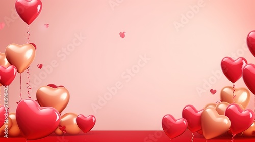 Happy Valentines Day banner with 3d red heart balloons, gold metal shapes and light bulbs on pink background. Gift card, love party, invitation voucher design, poster template. Generative Ai