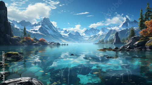 Tranquil scene: reflection of the snow-capped mountain range in the panoramic sea