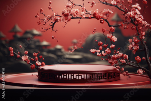 Podium round stage podium and art Chinese new year, flower and asian elements with craft style on background