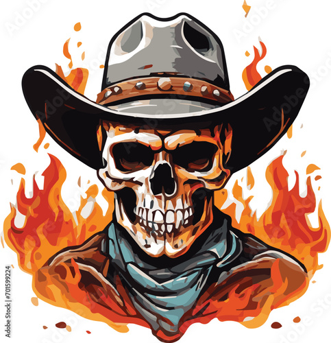 Skull in cowboy hat with red roses on fire.