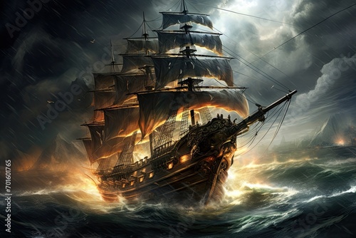 Pirate ship in stormy sea. 3D illustration. Fantasy, AI Generated