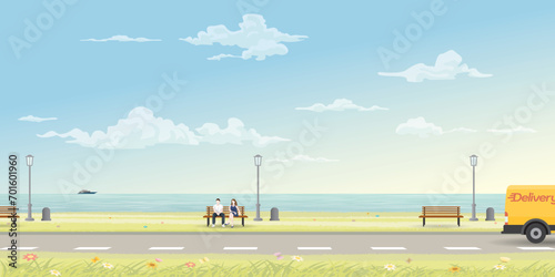 Couple of lover sitting on bench at seaside have local road through the park flat design vector illustration. Travelling of sweetheart concept.
