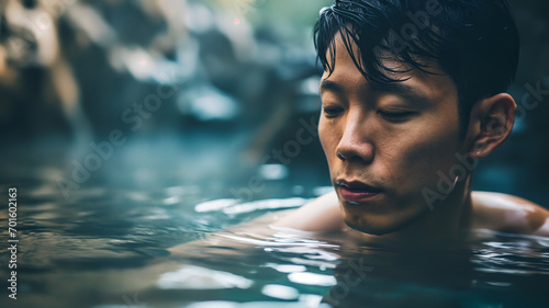 Portrait of asian man relaxing in hot spring