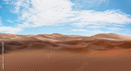 Sand dunes in the Sahara Desert - Merzouga, Morocco - Orange dunes in the desert of Morocco - Sahara desert, Morocco