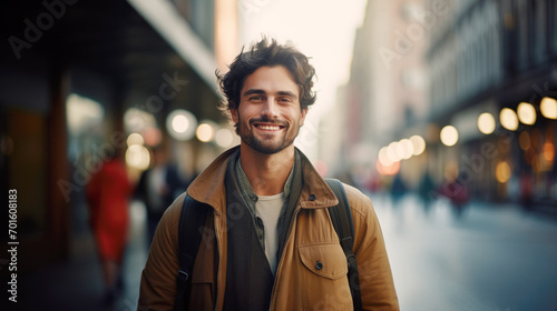 Portrait of a attractive smiling man with backpack on the busy city street 