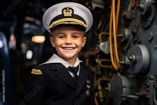 Portrait of a boy pilot in the cabin of a ship.