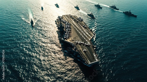Aerial view. The aircraft carrier accompanied by a squad ships. Space for text.