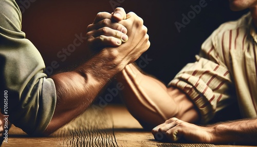 Two people engaged in an intense arm-wrestling match