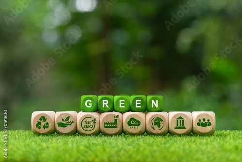 Green business and sustainable development Wooden block with green business icons Green business finance and sustainable investment Carbon credits. investment saves money