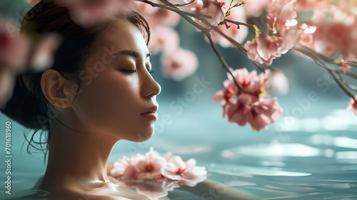 Portrait of beautiful Japanese enjoying spa surrounded by flowers, spa concept, skincare