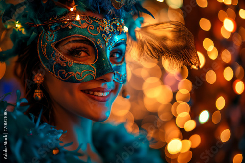 Woman with blue carnival mask smiling, portrait