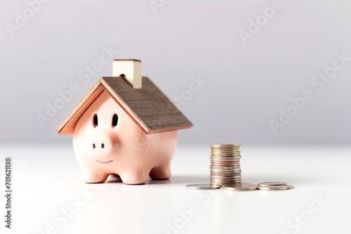 Piggy bank with roof and coins. Saving up money to buy own house. Finance, property purchase, mortgage, home loan concept
