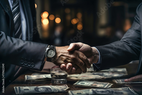 Two people shaking hands over a pile of money in the background.