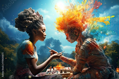 Artistic Expression - Two Women Creating a Colorful Painting. A fictional character created by Generative AI. 
