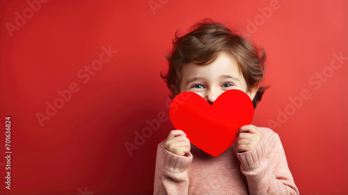 A shy little boy holding a paper heart shape and hiding behind it on grey background