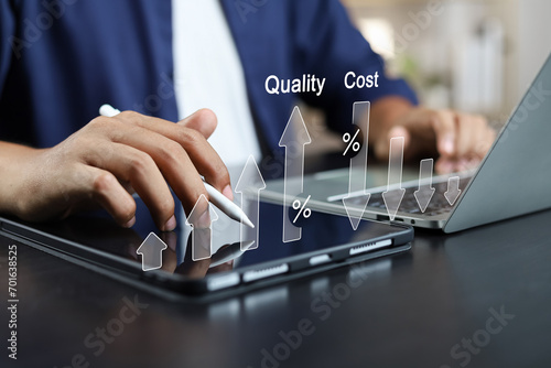 Business strategy success Cost and quality control for effective management Achieving goals, Businessman analyzing growth graph and cost reduction, Success business growth for long-term investments.