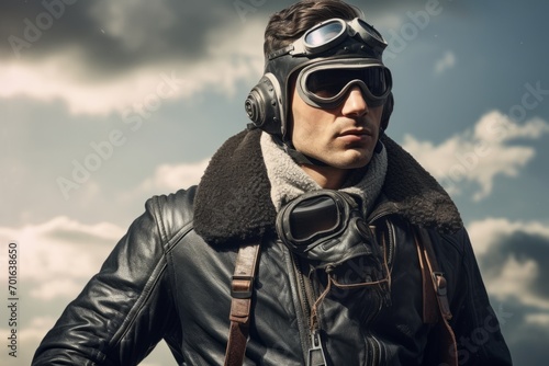 Portrait of a handsome man in aviator helmet and leather jacket.