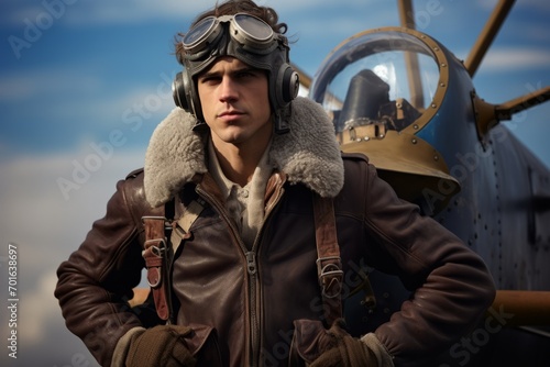 Portrait of a young pilot in aviator hat and leather jacket