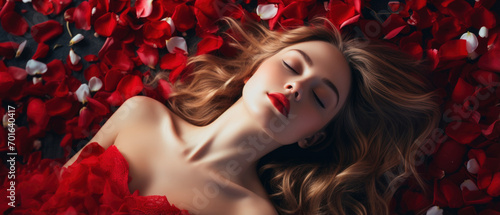 Lady in a red dress lying on the floor with red rose petals background in Valentine day concept