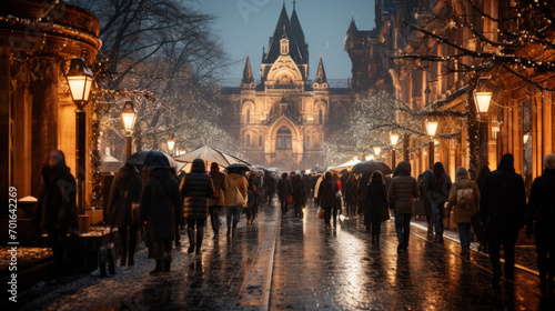 Pedestrian street in old north european style with back view of crowd under rain with many luminous Christmas decorations along the trees in evening with a blurry historical building in background