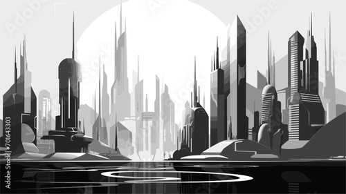 futuristic cityscape in floating city spires. Create floating platforms and towering spires with sleek, modern architecture.