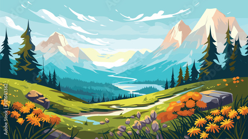 high-altitude splendor of alpine flora and fauna in a vector scene featuring mountainous landscapes, alpine flowers, and hardy wildlife. 