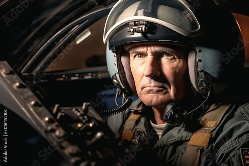 Portrait of an elderly pilot sitting in the cockpit of a helicopter.