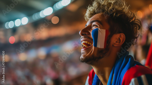 French soccer fan cheering and supporting the French national team in the stadium with flag makeup on his face. 