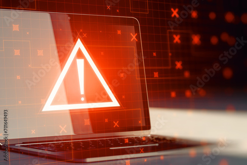 Laptop with creative red security alert on blurry background. Fraud and danger concept. 3D Rendering.