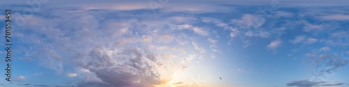 Bright sunset sky panorama with glowing red pink Cumulus clouds. HDR 360 seamless spherical panorama. Sky dome or zenith in 3D, sky replacement for aerial drone panoramas. Climate and weather change.