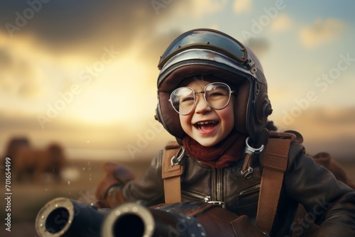 Portrait of a happy girl in aviator helmet and glasses on the background of horses.