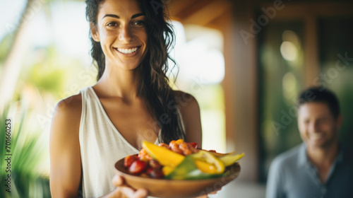 Portrait of a happy and smiling yoga teacher holding fruit bowl in yoga retreat on tropical island