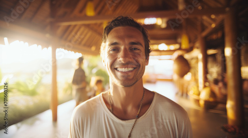 Portrait of a happy and smiling man, yoga teacher in yoga retreat on tropical island