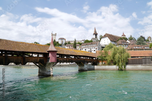 The Spreuer Bridge (Spreuerbrücke) over the river Reuss in the medieval town center in the city of Lucerne, Switzerland
