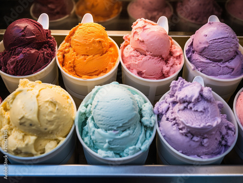 Vibrant display of gelato in various flavors, inviting to indulge in a sweet frozen treat.