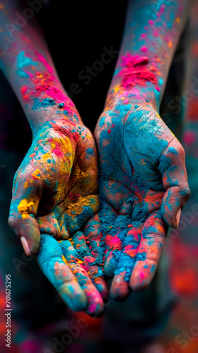Indian Holi festival hands in colorful colors. The concept of the holiday.