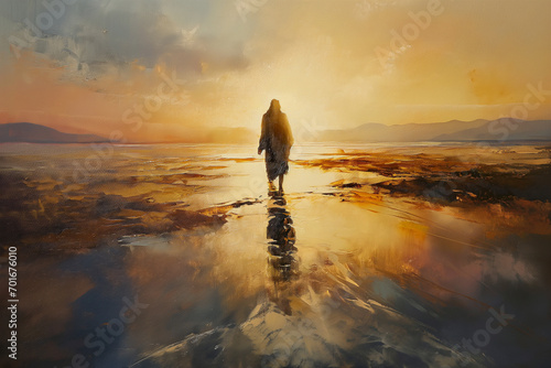 Jesus walks on water. Digital oil painting illustration