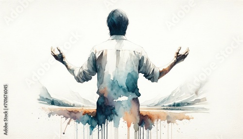 Back view of a man in worship on watercolor background. 
