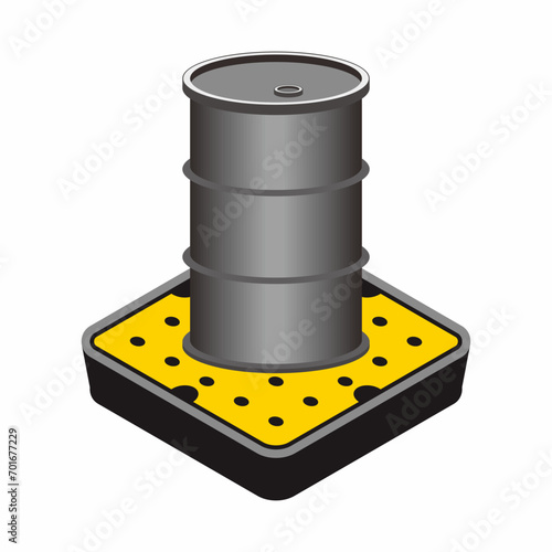 Isometric illustration of chemical container with secondary containment for spill prevention measure. Safety and health standard for industrial, factory, and manufacture.