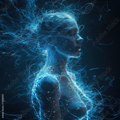 Human electromagnetic field - a subtle, radiant energy enveloping body. Vibrant frequencies depict dynamic interplay of life force, resonating in harmony with the holistic vitality of the individual.