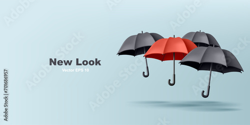 Realistic rain umbrella 3d render illustration of red and black umbrellas, fashion