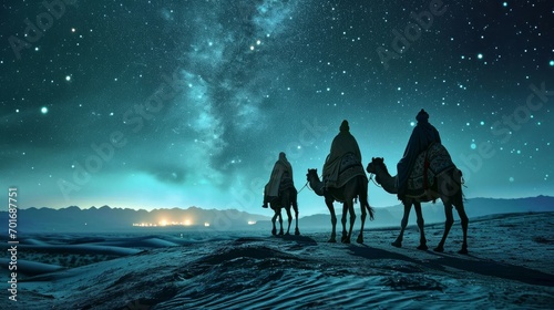 the three wise men of the east on their camels riding through the desert one night following the star of Bethlehem